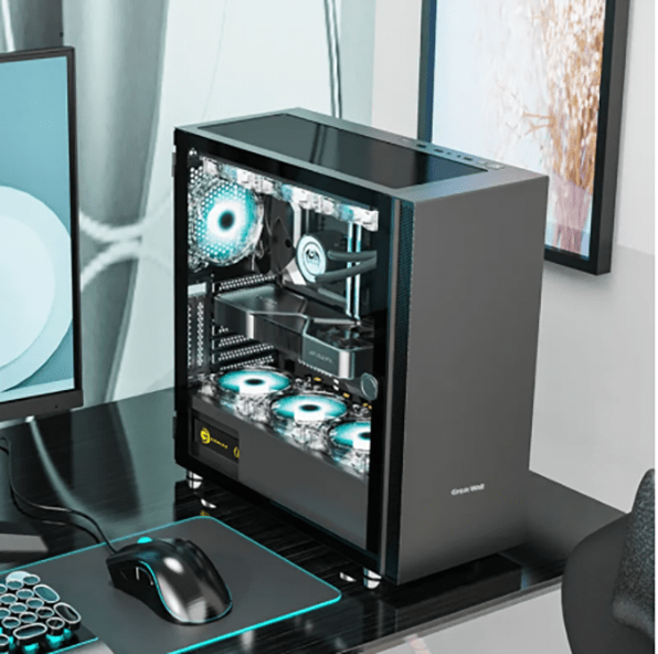 PC monitor and case on a smooth desk